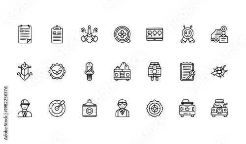A set of black and white line art icons representing business and quality control concepts