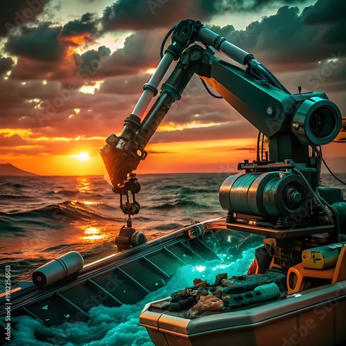 Robotic arm on a research vessel collecting samples from the ocean at sunset