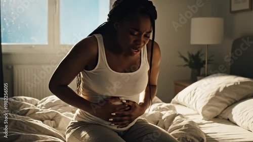 Woman Clutching Stomach in Pain While Sitting on Bed
