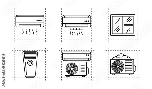 A set of six air conditioner icons in a minimalist line art style