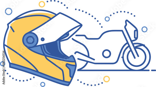 Vibrant yellow and blue motorcycle helmet with an open visor positioned alongside a minimalist line art drawing of a motorbike, symbolizing protection, travel, and adventure.