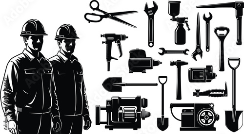 Professional construction workers in hard hats standing next to a collection of industrial tools and equipment silhouettes on white background