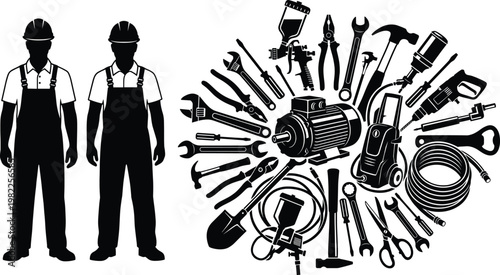 Professional construction worker silhouettes set with industrial tools electric motor pressure washer hand tools hardware equipment for maintenance repair service and engineering