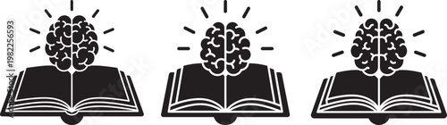 Brain with open book and radiating lines symbolizing knowledge and learning