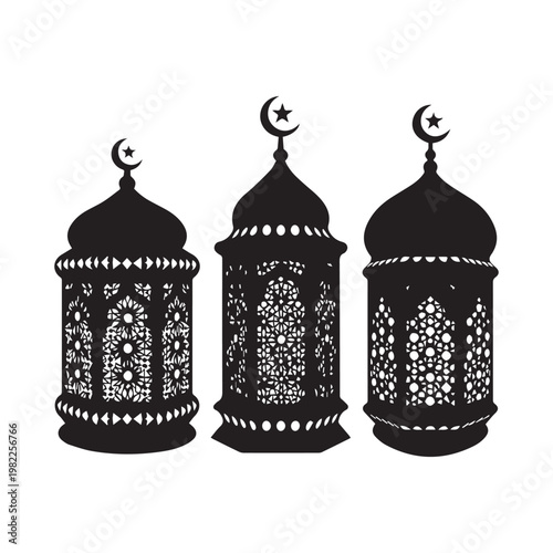 Three intricately designed traditional lanterns with crescent moon and star finials.