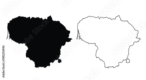 A depiction of lithuania s map in two contrasting styles solid black and white outline