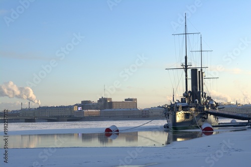 The cruiser Aurora on the frozen Neva River in St. Petersburg