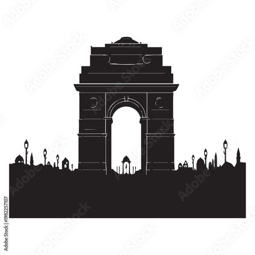 Iconic India gate standing tall against a cityscape silhouette in black and white contrast