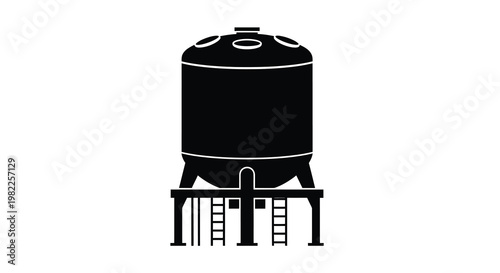 A black silhouette of an industrial storage tank with a ladder resting on supports high quality