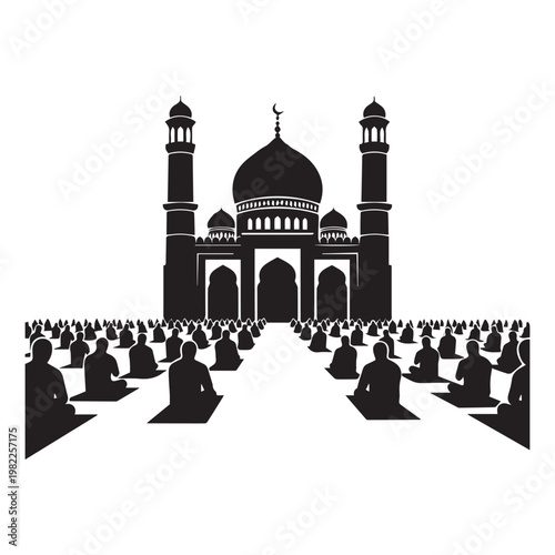 Silhouette of worshipers gathered at a grand mosque during prayer time.