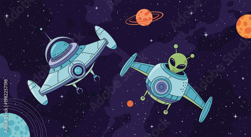 Whimsical illustration of two retro spaceships with a green alien pilot exploring the vast dark starry galaxy.