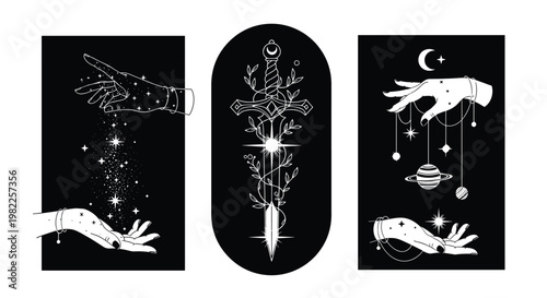 Collection of three mystical illustrations with celestial hands, a magic sword, stars, and cosmic planetary art.