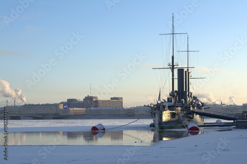 The cruiser Aurora on the frozen Neva River in St. Petersburg
