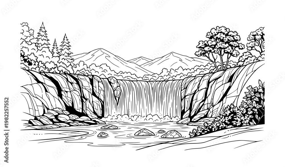Fototapeta premium Waterfall in Hills Landscape Vector Illustration Black and White