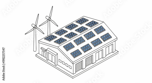 Sustainable Industrial Factory Illustration with Solar Panels and Wind Turbines - Green Renewable Energy Concept Line Art