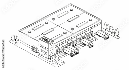 Isometric Warehouse and Logistics Center Line Art Illustration with Delivery Trucks and Loading Docks