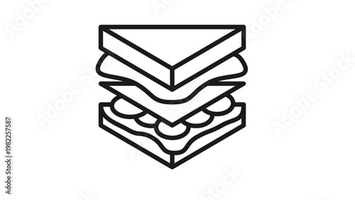 Minimalist black line art vector illustration of a multi-layered club sandwich icon, featuring bread, lettuce, and meat fillings, isolated on white for food, restaurant, deli, and cafe menus.