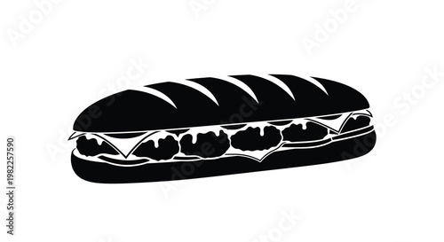 A black and white illustration depicts a long sandwich likely a sub or hoagie in profile