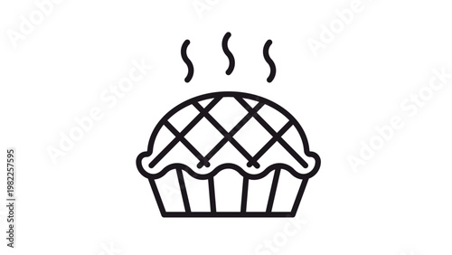 Hot freshly baked pie with lattice crust and steam rising, minimalist black line art vector icon illustration, symbol for bakery, dessert, cooking, and homemade food, isolated on white background