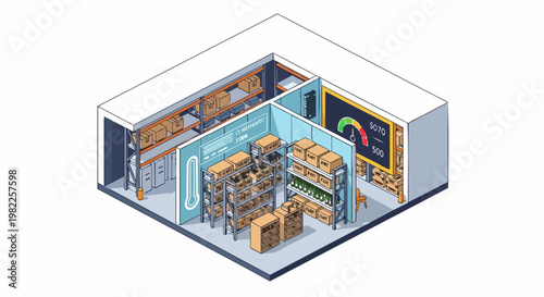 Isometric Smart Warehouse and Cold Storage Facility with Climate Control Monitoring, Shelving Units, and Inventory Management Dashboard Illustration