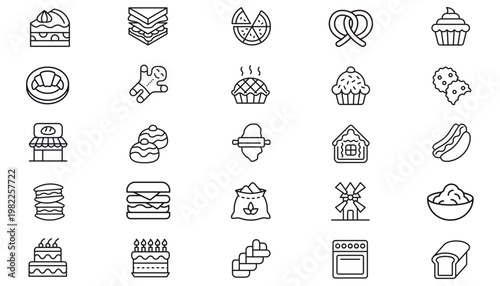 Bakery and Food Vector Icon Set: 25 Minimalist Black Line Art Symbols including Cupcake, Pizza, Burger, Bread, Cake, Cookies, Kitchen Tools, Restaurant Graphics, and Cooking Icons for Web Design.