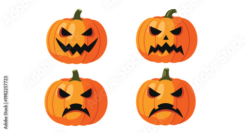 Collection of four orange halloween jack-o-lantern pumpkins featuring various spooky and angry carved faces isolated on a white background.