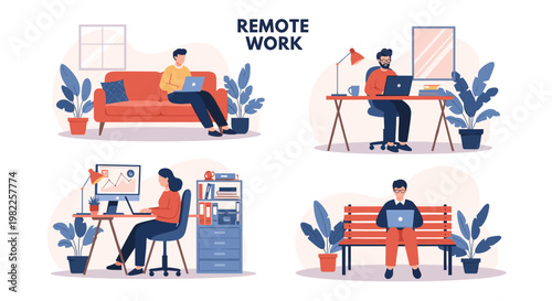 Various people working remotely in different home and outdoor environments using laptops while maintaining a productive freelance lifestyle.