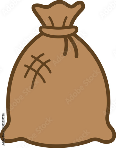 Brown Burlap Bag Icon Illustration with Tied Sack for Rustic Storage and Packaging