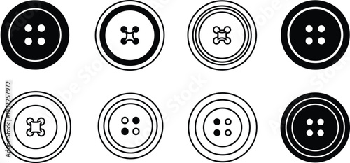 A vector graphic illustration featuring a diverse collection of eight clothing buttons.