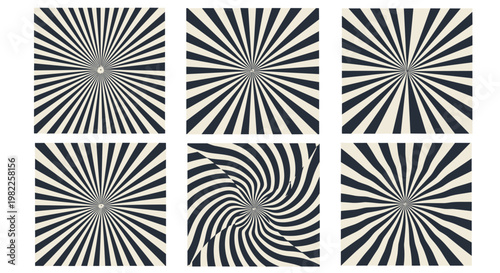 Set of six black and white optical illusion patterns featuring radiating sunbursts and swirling tunnel effects for visual depth.