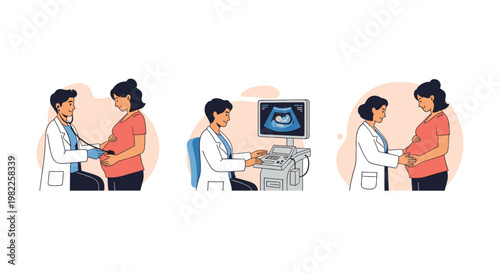 Set of healthcare concepts showing a doctor conducting prenatal exams on a pregnant woman using ultrasound and clinical tools.