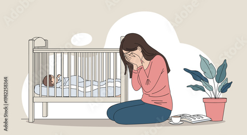 Emotional illustration of a tired and overwhelmed mother crying while sitting on the floor next to her baby sleeping in a crib at home.
