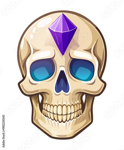 Human skull with purple gem for dark magic game icon or necromancer artifact asset in fantasy adventure world interface design graphic project library