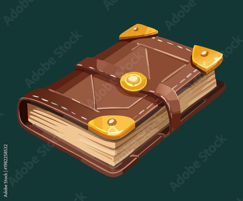 worn leather book gold latch fantasy wizard equipment mystical journal sorcery manual adventure game icon decorative tome ancient scroll knowledge literature craft art