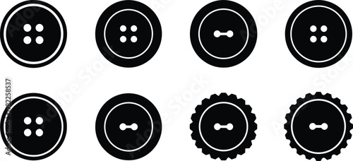 Collection of monochrome vector buttons illustration with two and four holes, some with cogwheel edges.