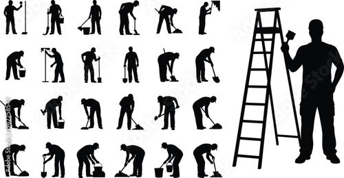 Large Silhouette Collection of Professional Construction Workers Carrying Buckets Using Shovels for Digging and Climbing Ladders for Industrial Building Manual Labor Projects