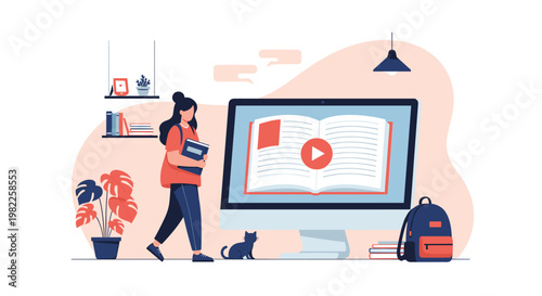 Online education concept showing a student woman walking past a large computer screen featuring a digital book and video player.