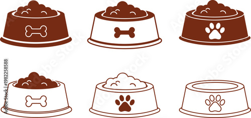 Set of flat vector icons featuring brown pet food bowls with bone symbols