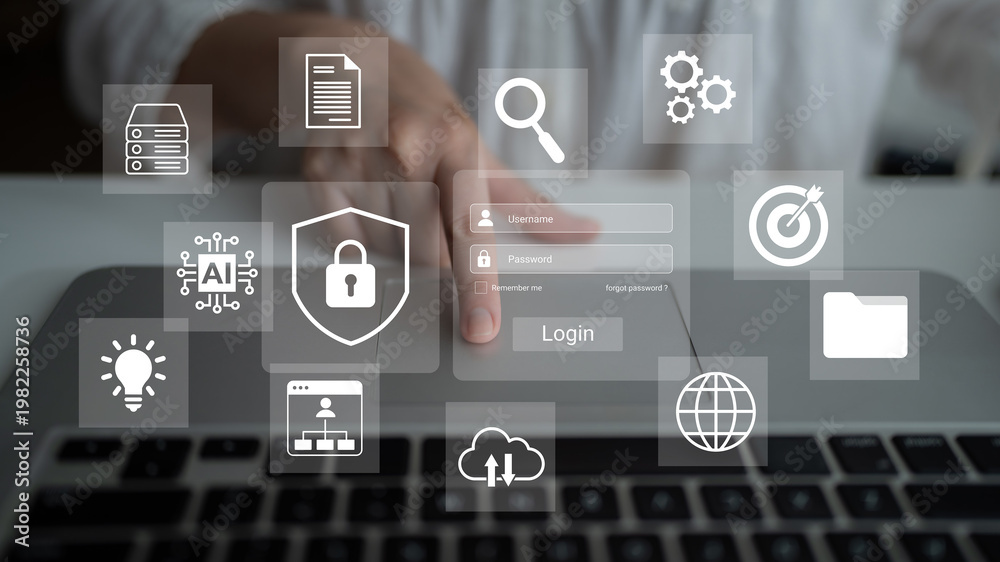 Fototapeta premium A user interacts with a login interface on a laptop, featuring technology icons that symbolize cybersecurity, data management, cloud services, and user experience. Gantry
