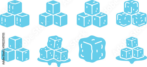 Bright blue ice cube vector illustration set featuring various stacked and melting geometric shapes