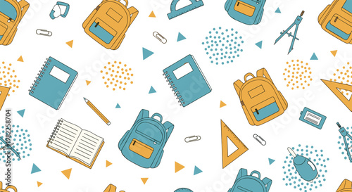 Fun seamless pattern featuring various school supplies including backpacks, notebooks, rulers, and pencils for back to school theme.