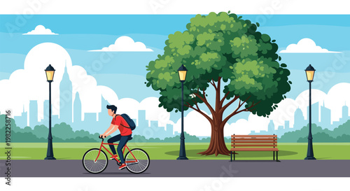 Active man riding a bicycle along a park path with a large green tree, park bench, and distant city skyline under a cloudy sky.