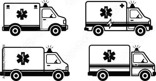 Professional collection of black and white ambulance vector graphic icons for medical design projects