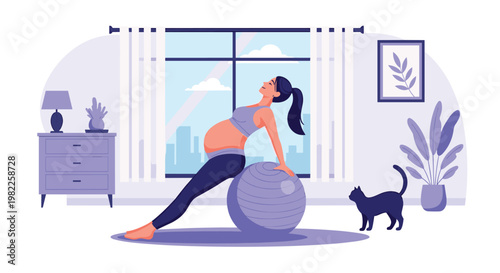 Pregnant woman practicing prenatal yoga on a fitness ball in a cozy living room with a cat and city view through the window.