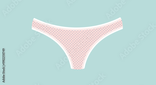Simple illustration of a pair of comfortable pink women's panties with a blue polka dot pattern isolated on a light blue background.