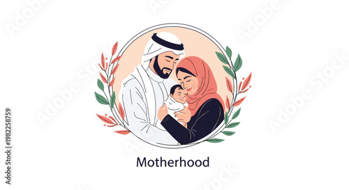 Happy Muslim family with a father and mother wearing traditional clothing lovingly holding their newborn baby for a motherhood concept.