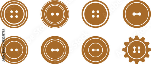 Vector illustration of various brown clothing buttons, showcasing different styles and hole patterns.