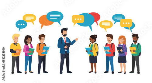 Group of diverse college students with notebooks participating in a discussion with their teacher illustrated with colorful speech bubbles.