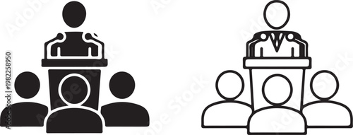Public Speaker at Podium with Audience Icon Set Vector