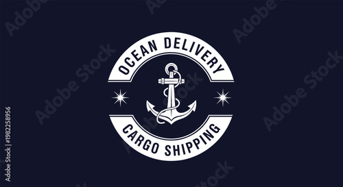 Vintage nautical logo for ocean delivery cargo shipping featuring an anchor symbol and decorative stars on a dark navy background.